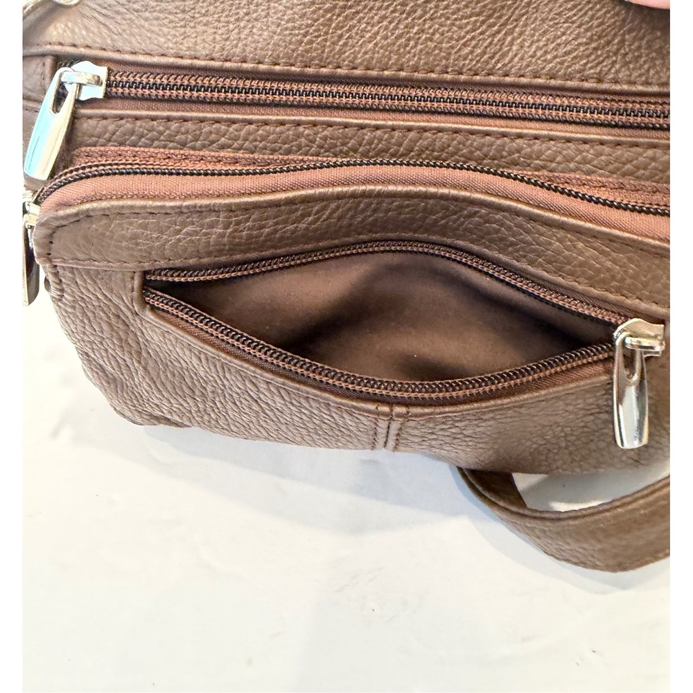 Brown Leather Small Multi-Pocket Pebbled Crossbody Organizer Bag Purse - Picture 7 of 11